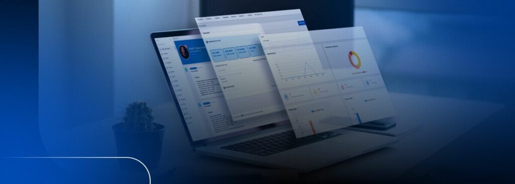 Interface de aplicativo em laptop com gráficos e dados