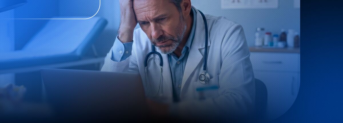 Médico estressado usando laptop na clínica