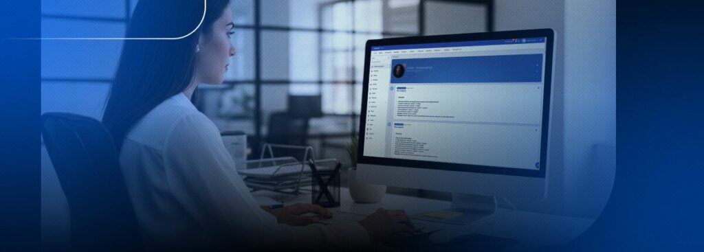Mulher trabalhando em computador em ambiente de escritório