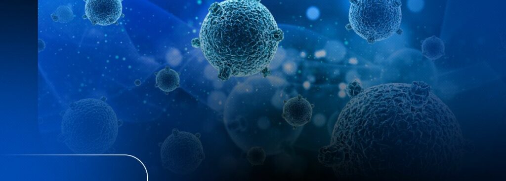 Células microscópicas em fundo azul