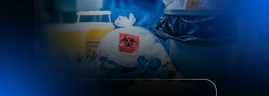 Coleta de lixo hospitalar com etiqueta de biohazard