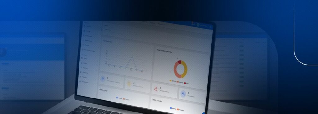 Dashboard em laptop com gráficos e dados analíticos