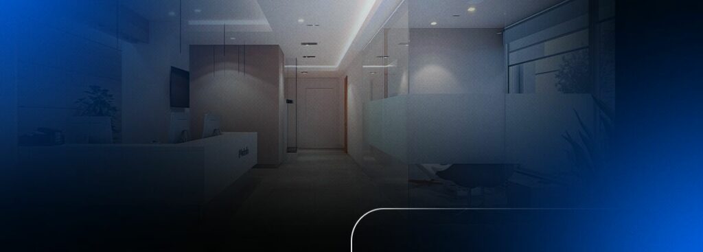 Interior moderno de escritório com parede de vidro