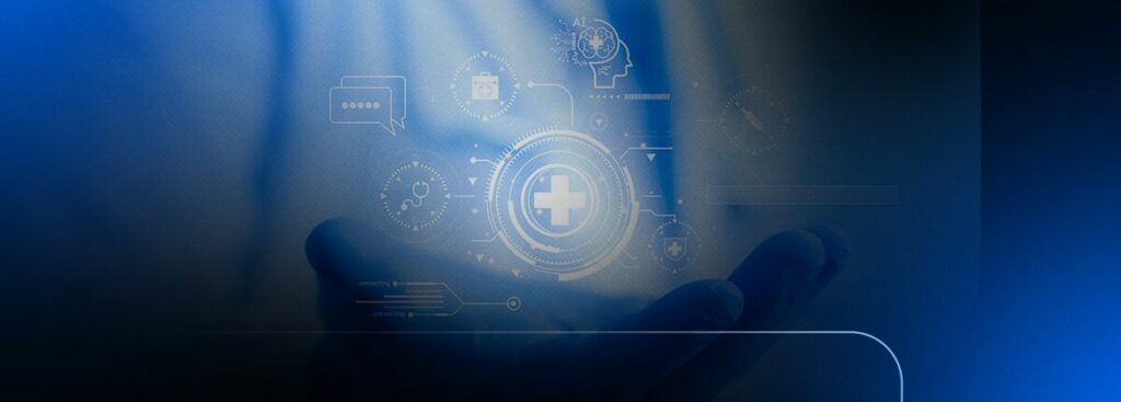 Mão segurando ícones de tecnologia da saúde